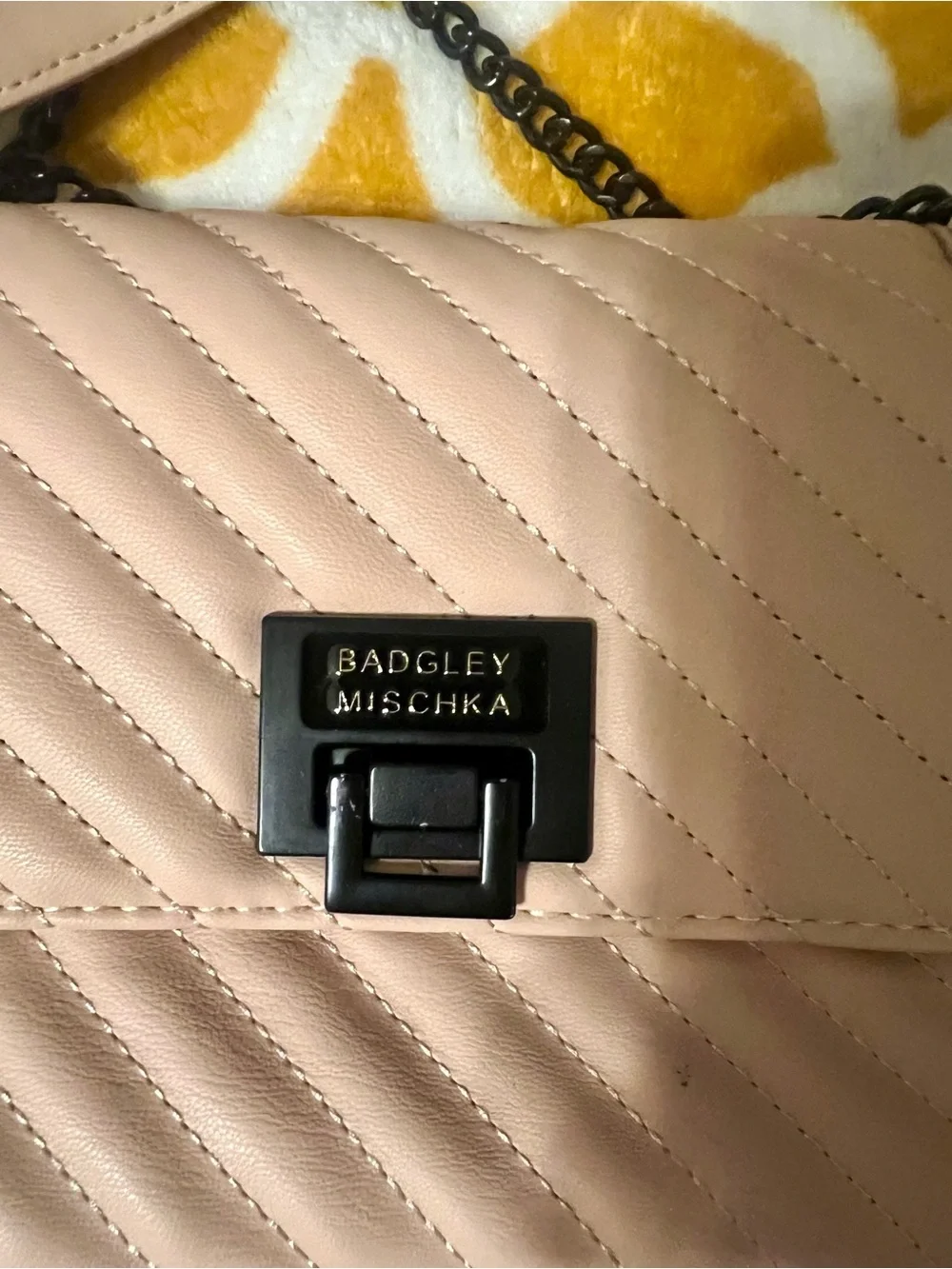 Badgley Mischka Pale Pink Quilted Leather Shoulder Bag with Chain Strap